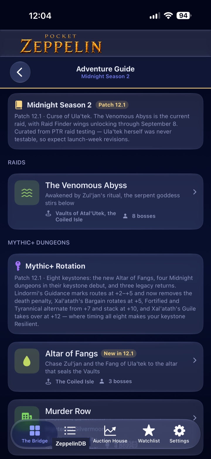 Adventure Guide showing Midnight Season 2 raids and the Mythic+ rotation.