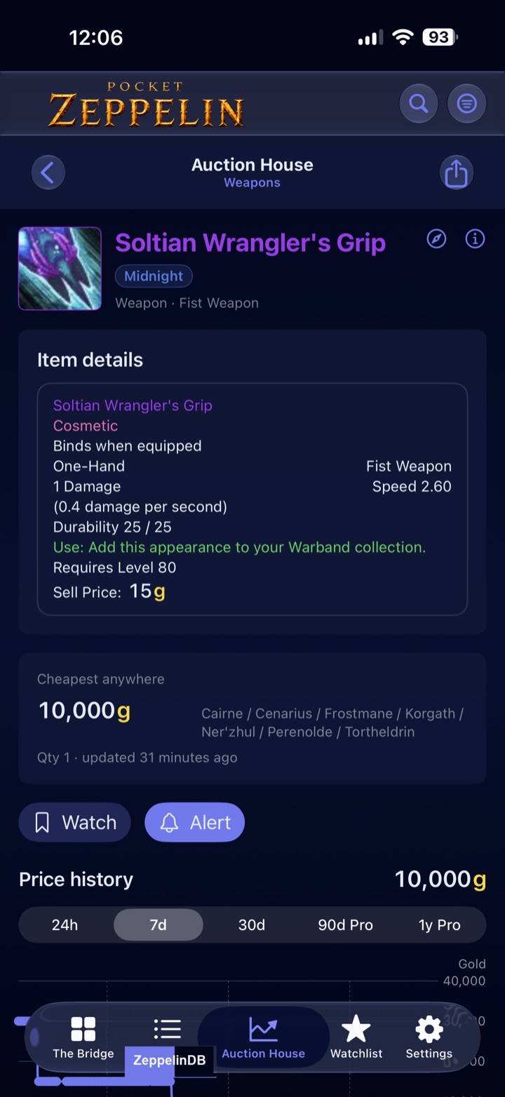 Auction House item page with cheapest-anywhere price, realm list, and price history.